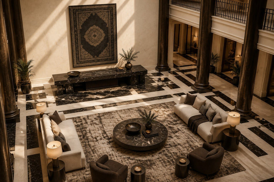 Lachak — black and bronze stud relief of a Persian carpet, seen from above in the room
