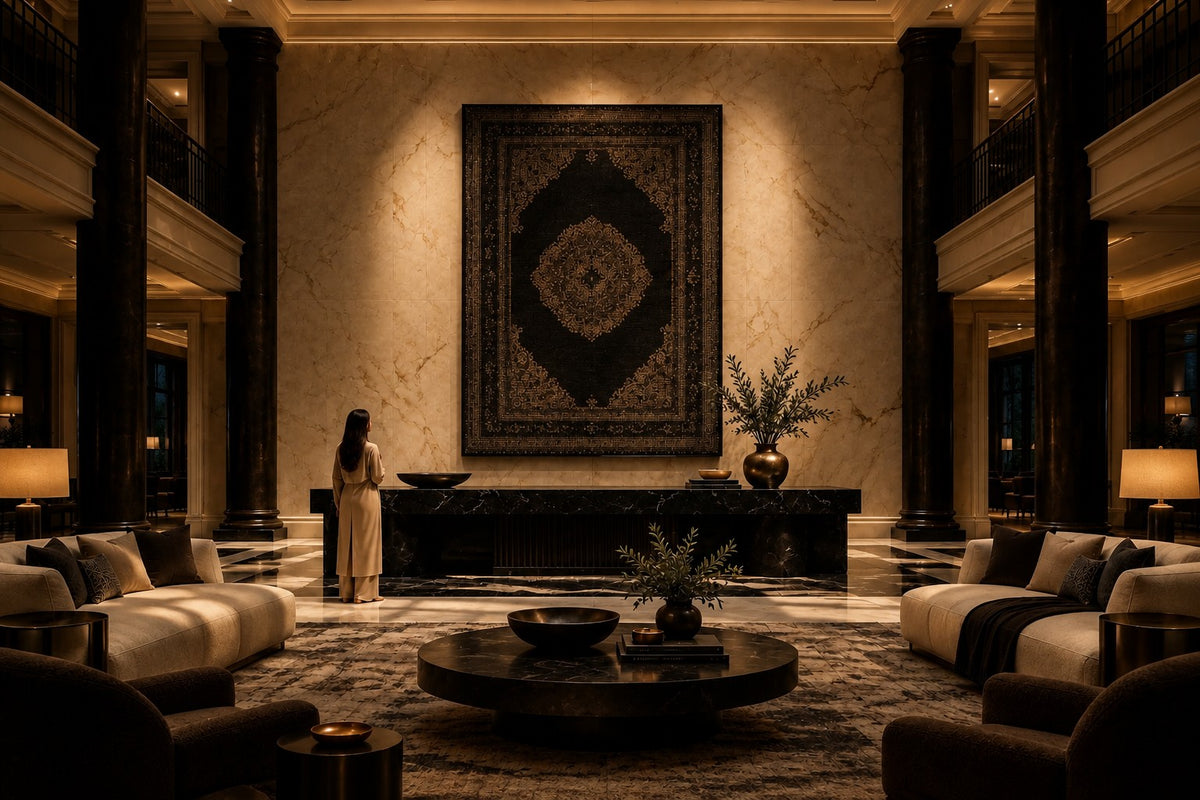 Lachak — black and bronze stud relief of a Persian carpet, the same room at night, lamps on