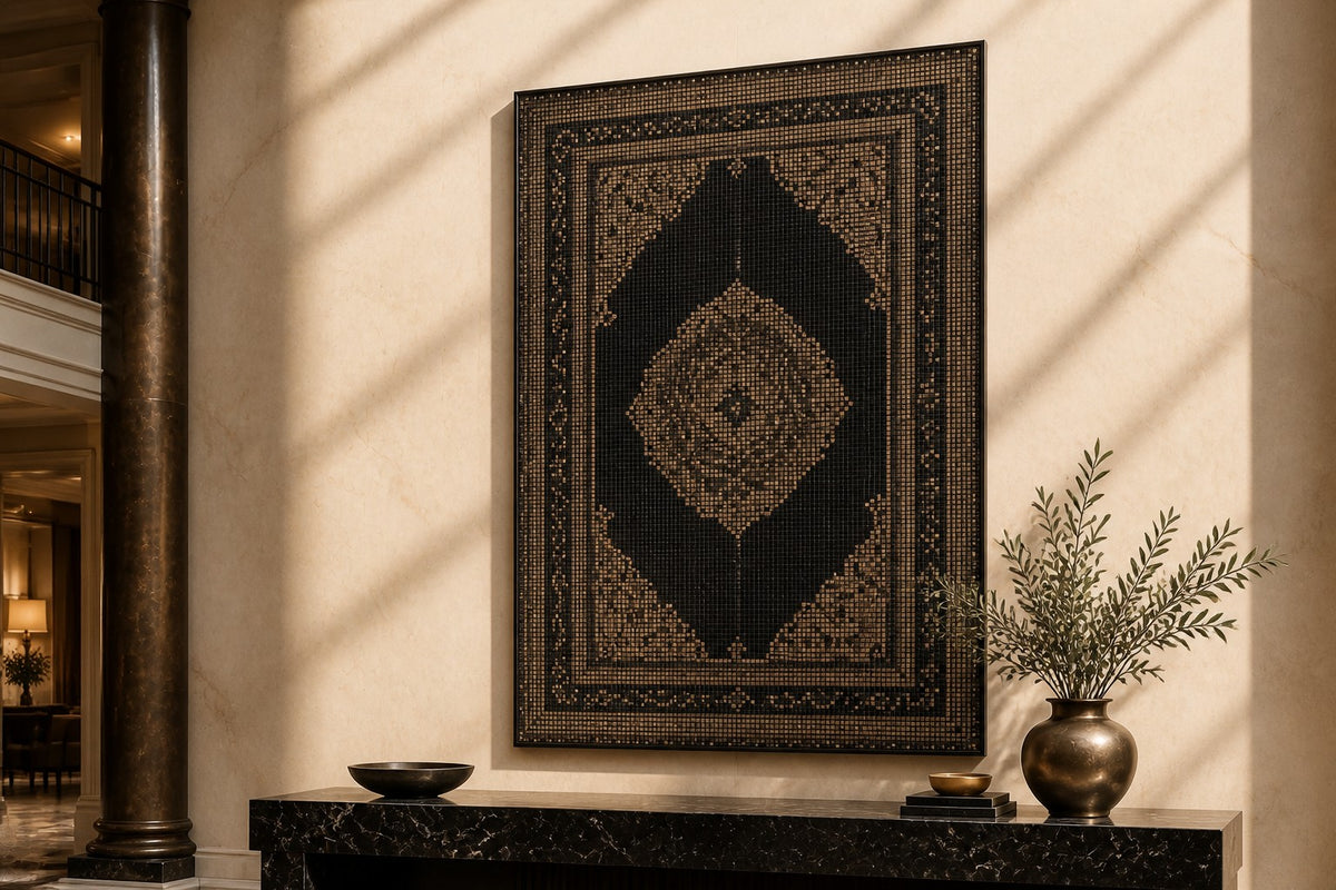 Lachak — black and bronze stud relief of a Persian carpet, close view on the wall