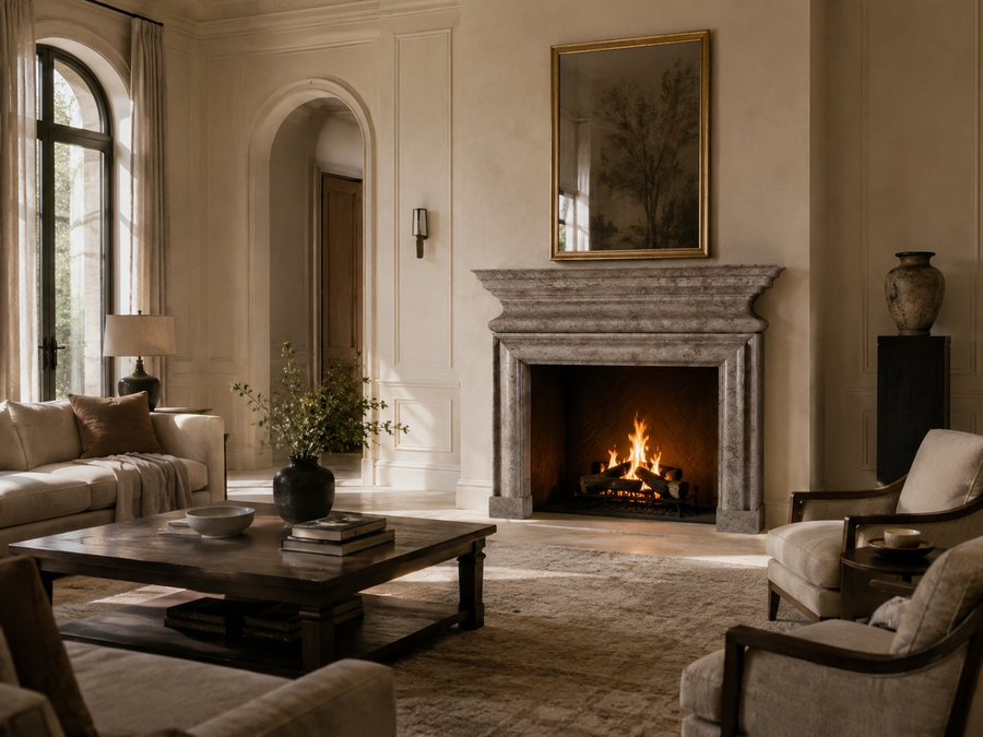 Ladera fireplace, shown in a room setting