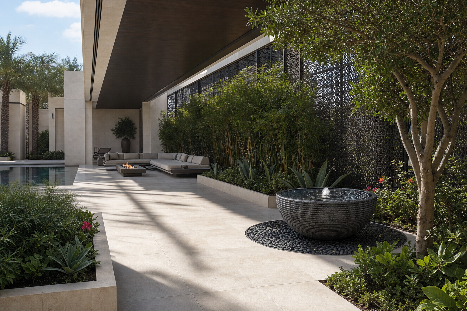 Lagoa charcoal stone bowl fountain by 1-OPH on a Dubai villa terrace
