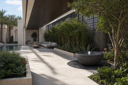Lagoa charcoal stone bowl fountain by 1-OPH on a Dubai villa terrace