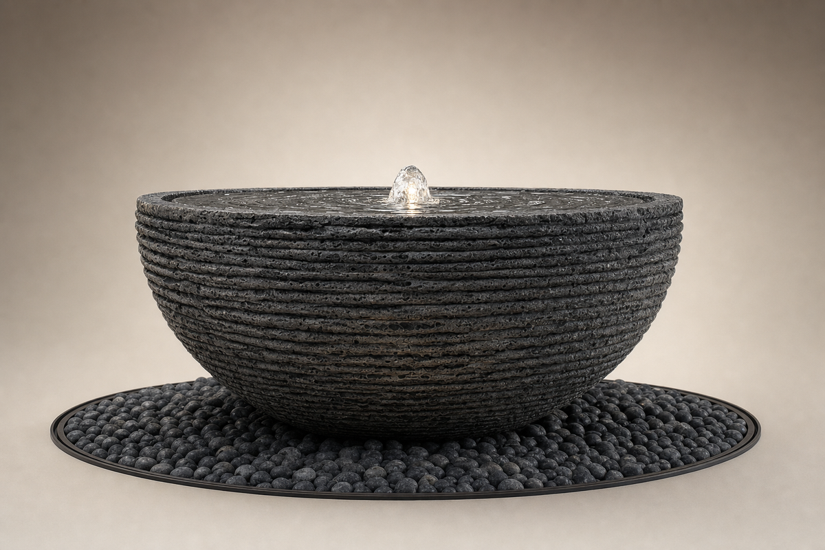 Lagoa charcoal stone bowl fountain by 1-OPH, side elevation