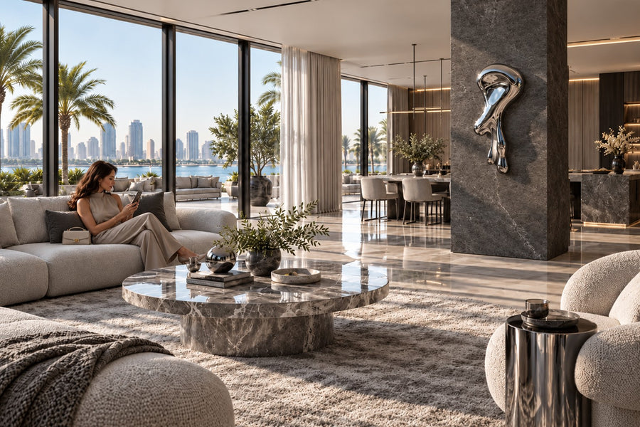 Lágrima — mirror-polished steel wall sculpture flowing down the wall into two drips, installed on the wall of a furnished room