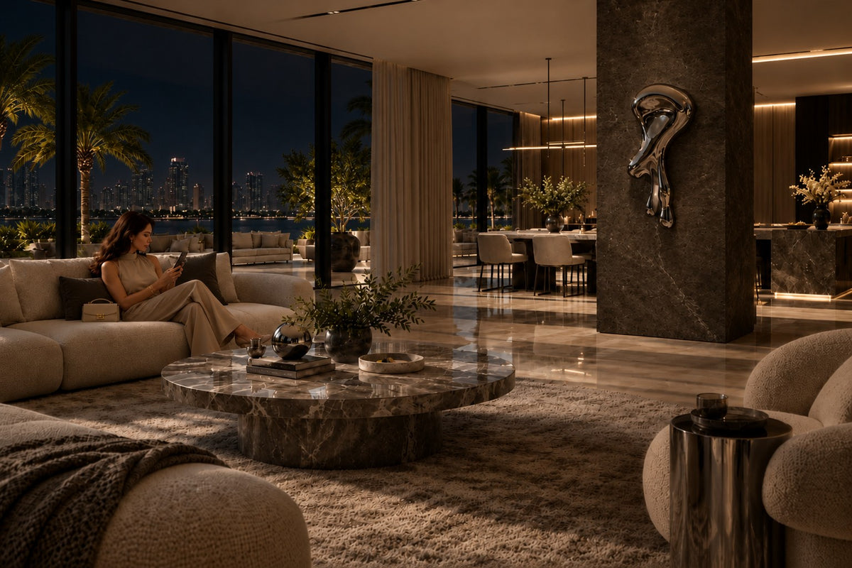 Lágrima — mirror-polished steel wall sculpture flowing down the wall into two drips, the same room at night, lamps on