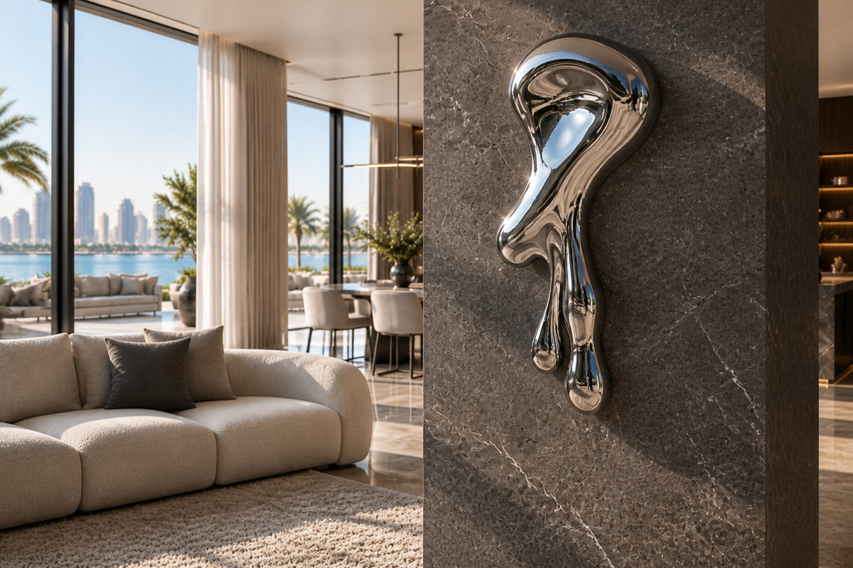 Lágrima — mirror-polished steel wall sculpture flowing down the wall into two drips, close view on the wall