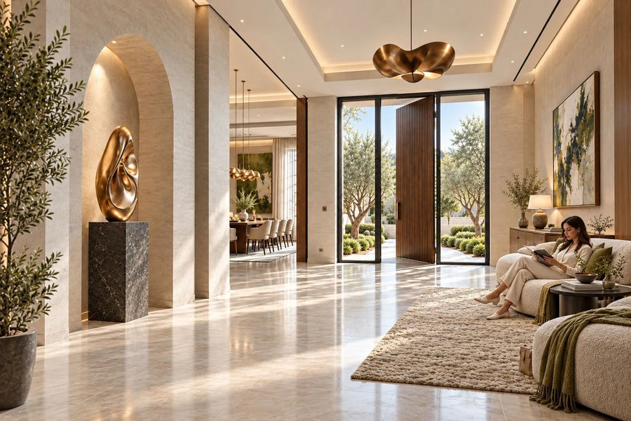Lahab — 60 cm mirror-polished copper ovoid sculpture with a deep flame-like fold, placed in a furnished room