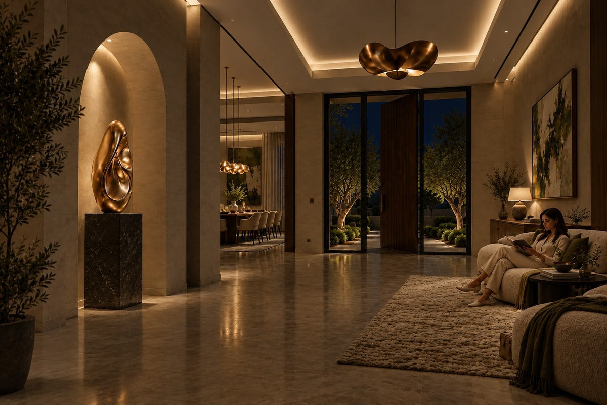 Lahab — 60 cm mirror-polished copper ovoid sculpture with a deep flame-like fold, the same room at night, lamps on