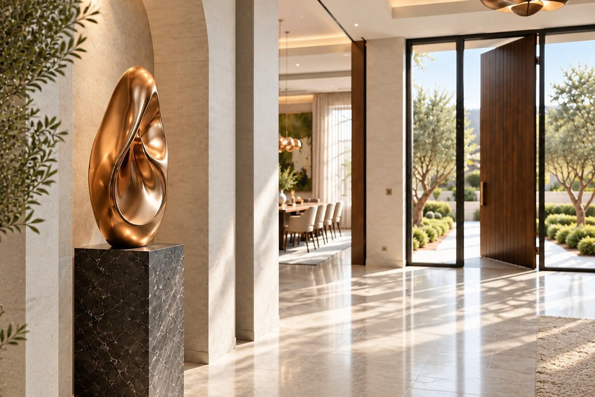 Lahab — 60 cm mirror-polished copper ovoid sculpture with a deep flame-like fold, close view in the room