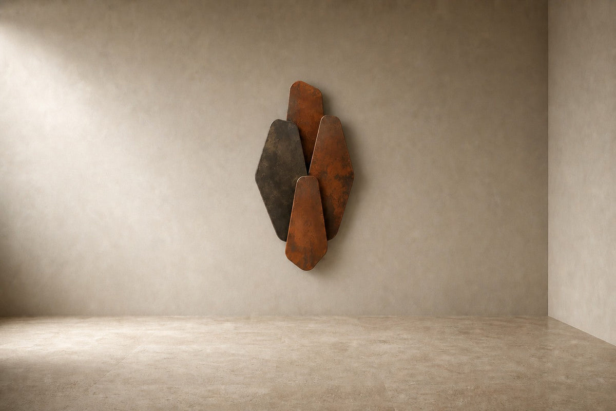 Lama — 85 × 140 cm wall sculpture of stacked blades in rust-orange and dark bronze, studio view of the whole piece
