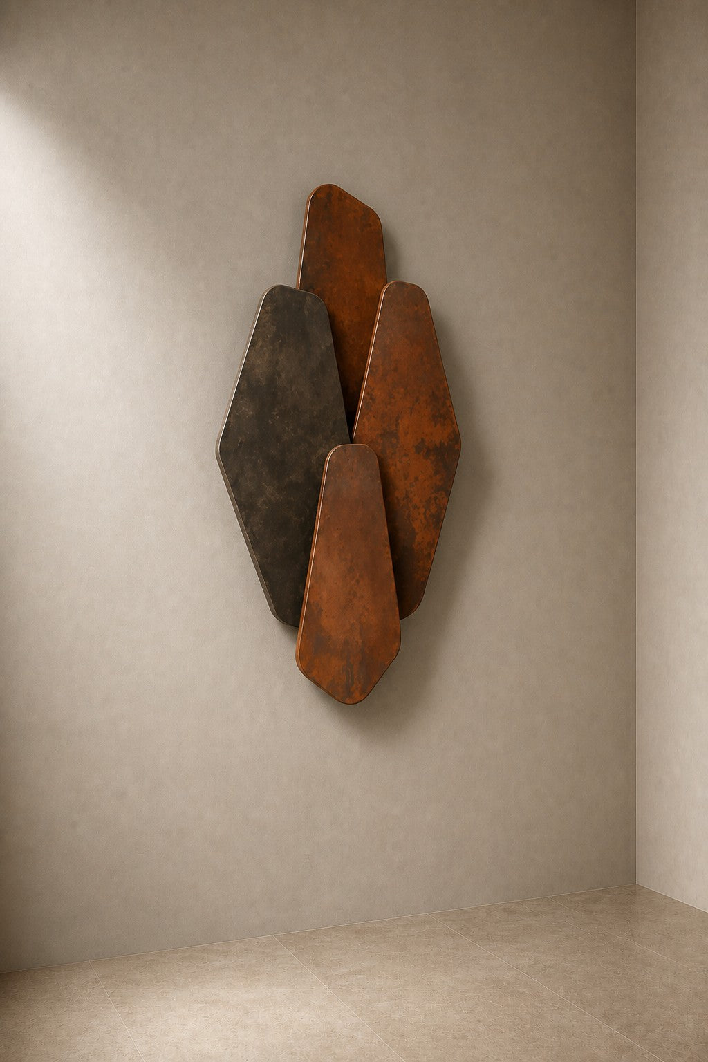 Lama — 85 × 140 cm wall sculpture of stacked blades in rust-orange and dark bronze, three-quarter studio view showing its profile