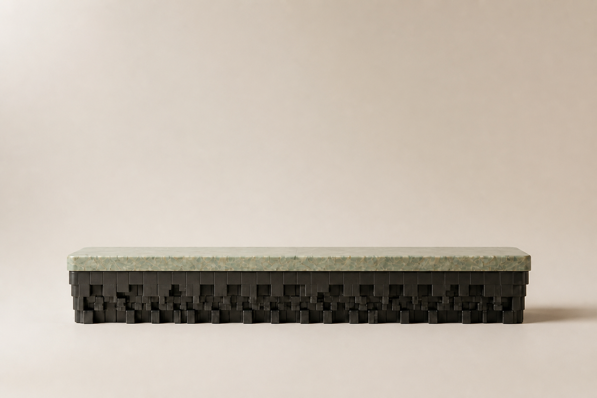 Layan 180 marble sculptural bench, studio view of the whole piece