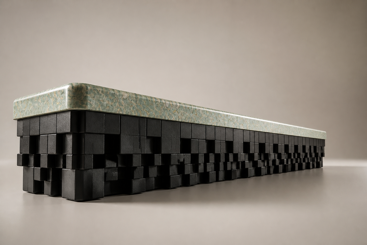 Layan 180 marble sculptural bench, three-quarter studio view showing its profile