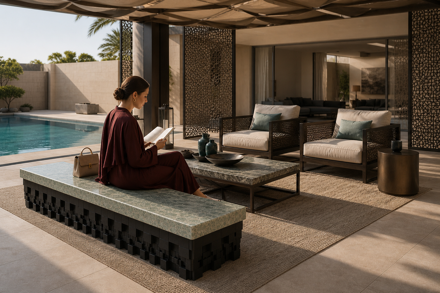 Layan 180 marble sculptural bench, shown in a room setting, at full scale