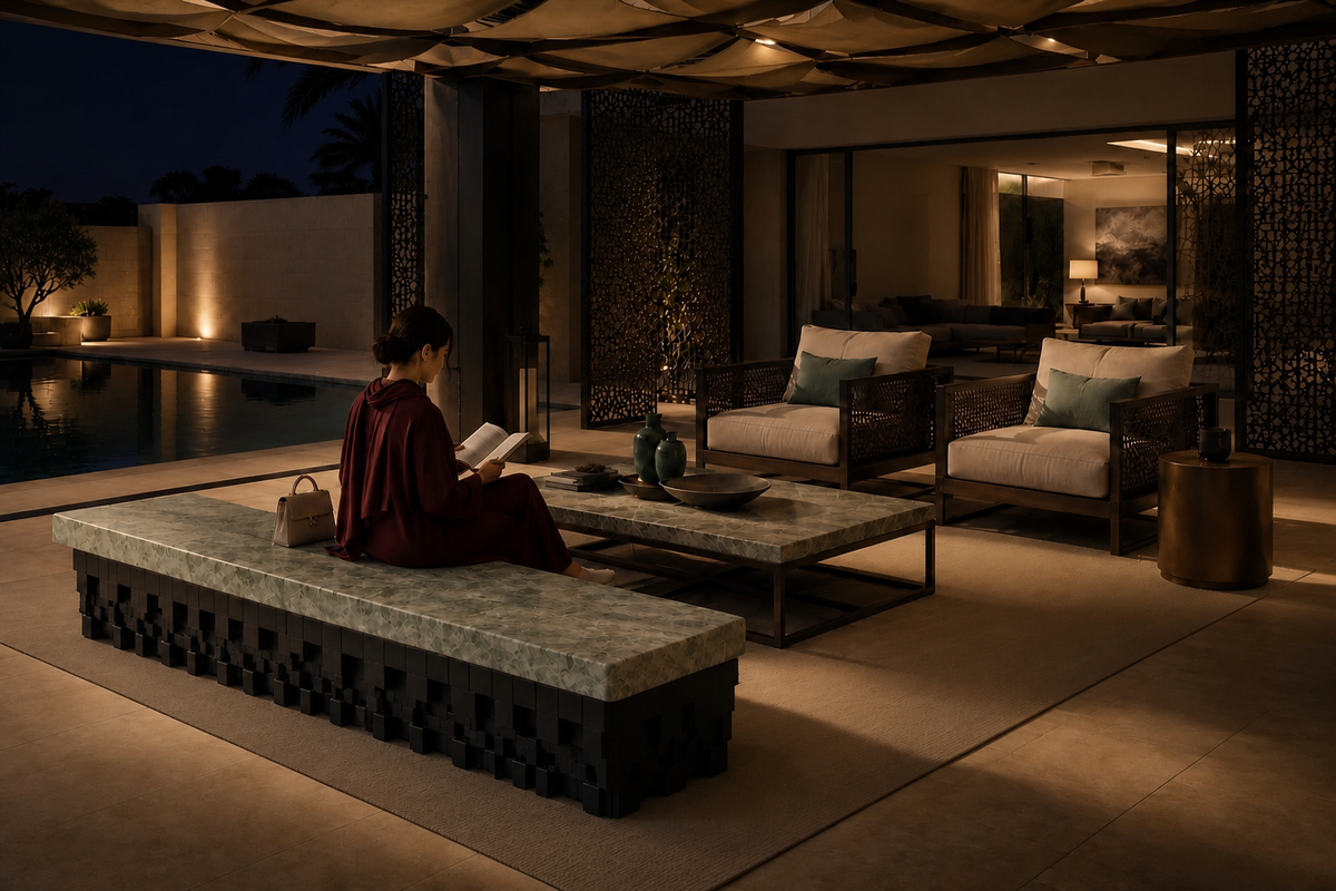 Layan 180 marble sculptural bench, in a room setting under evening light