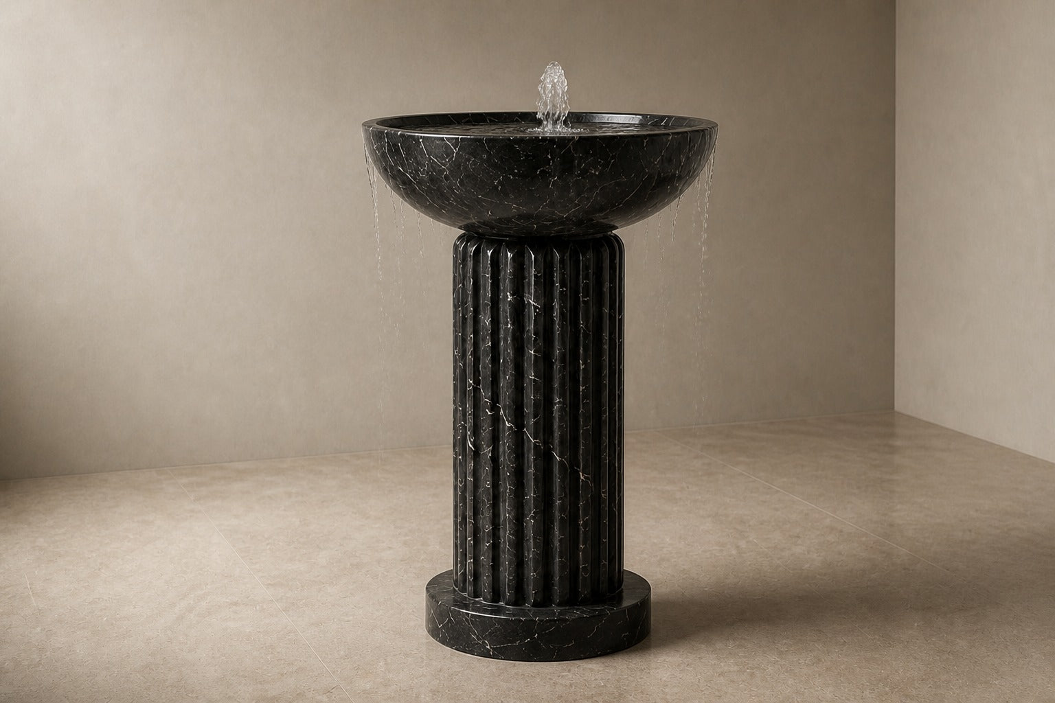 Dark marble pedestal fountain Layla Ø65, deep black with white veining, on a pale stone floor.