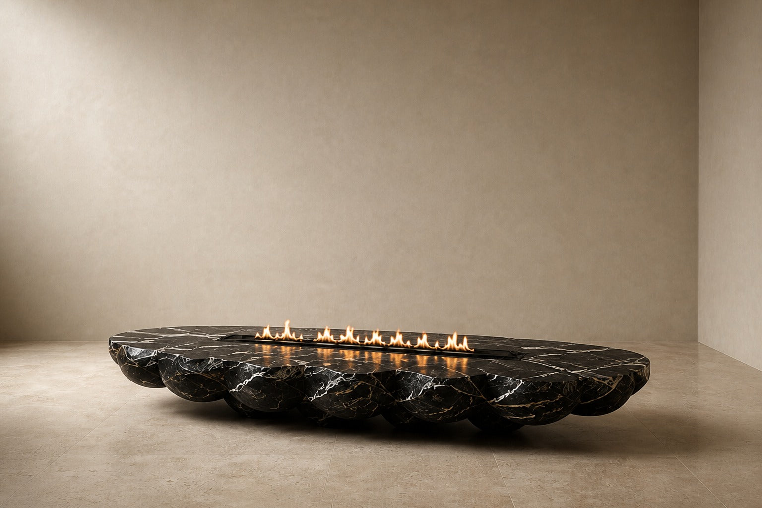Black marble with white veining fire table Laylan 220, deep black with white and gold veining, on a pale stone floor.