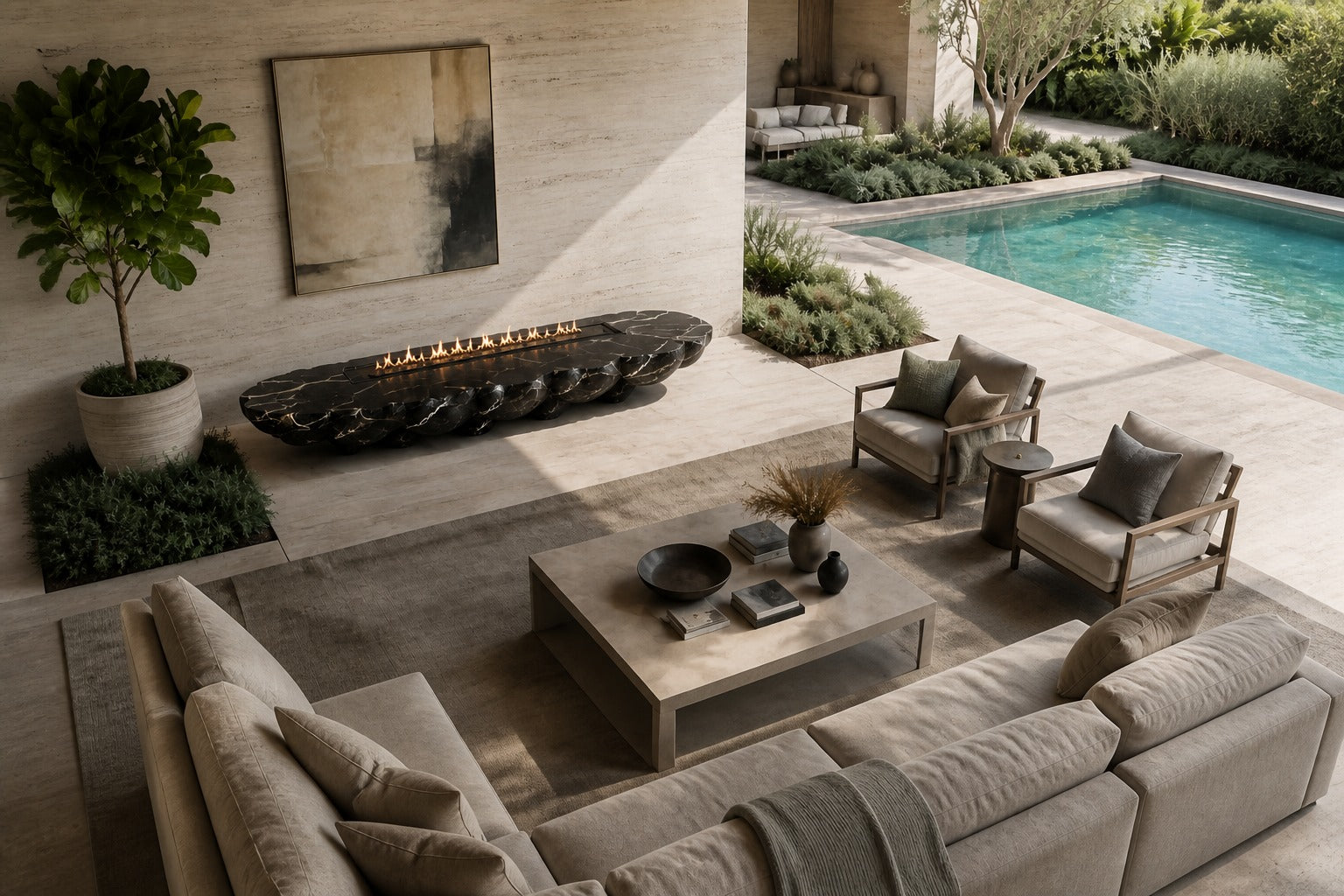 Black marble with white veining fire table Laylan 220, deep black with white and gold veining, on a pale stone floor.