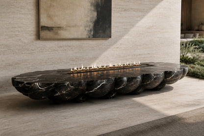 Black marble with white veining fire table Laylan 220, deep black with white and gold veining, on a pale stone floor.