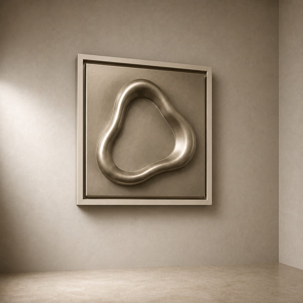 Lazo — 110 × 110 cm framed relief of a polished brass loop on a pale ground, three-quarter studio view showing its profile