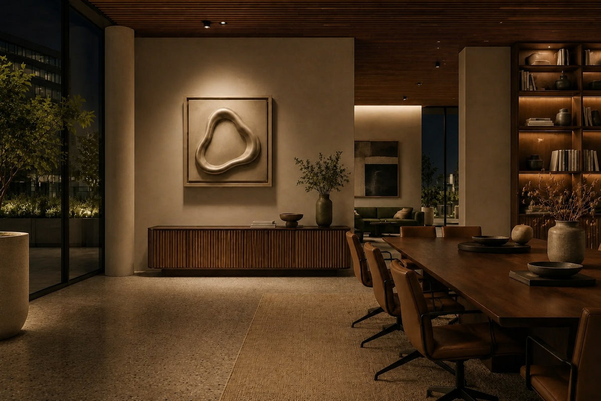 Lazo — 110 × 110 cm framed relief of a polished brass loop on a pale ground, the same room at night, lamps on