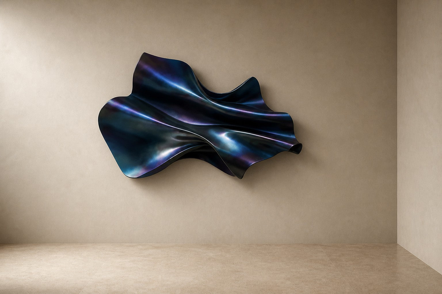 Iridescent blue and violet steel wall sculpture Lazward, overlapping scales layered on a shaped armature, on a plaster wall.