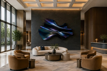 Iridescent blue and violet steel wall sculpture Lazward, overlapping scales layered on a shaped armature, on a plaster wall.