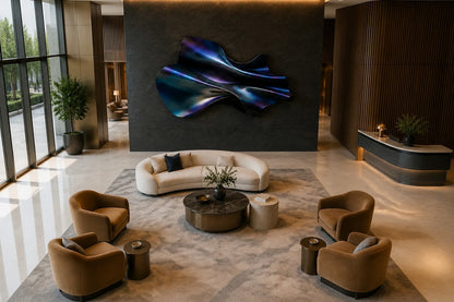 Iridescent blue and violet steel wall sculpture Lazward, overlapping scales layered on a shaped armature, on a plaster wall.
