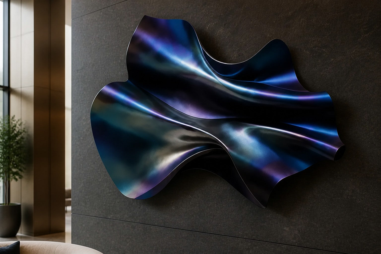 Iridescent blue and violet steel wall sculpture Lazward, overlapping scales layered on a shaped armature, on a plaster wall.