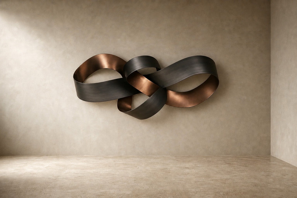 Legame — 180 × 110 cm bronze wall sculpture of a knotted ribbon in dark and polished finishes, studio view of the whole piece