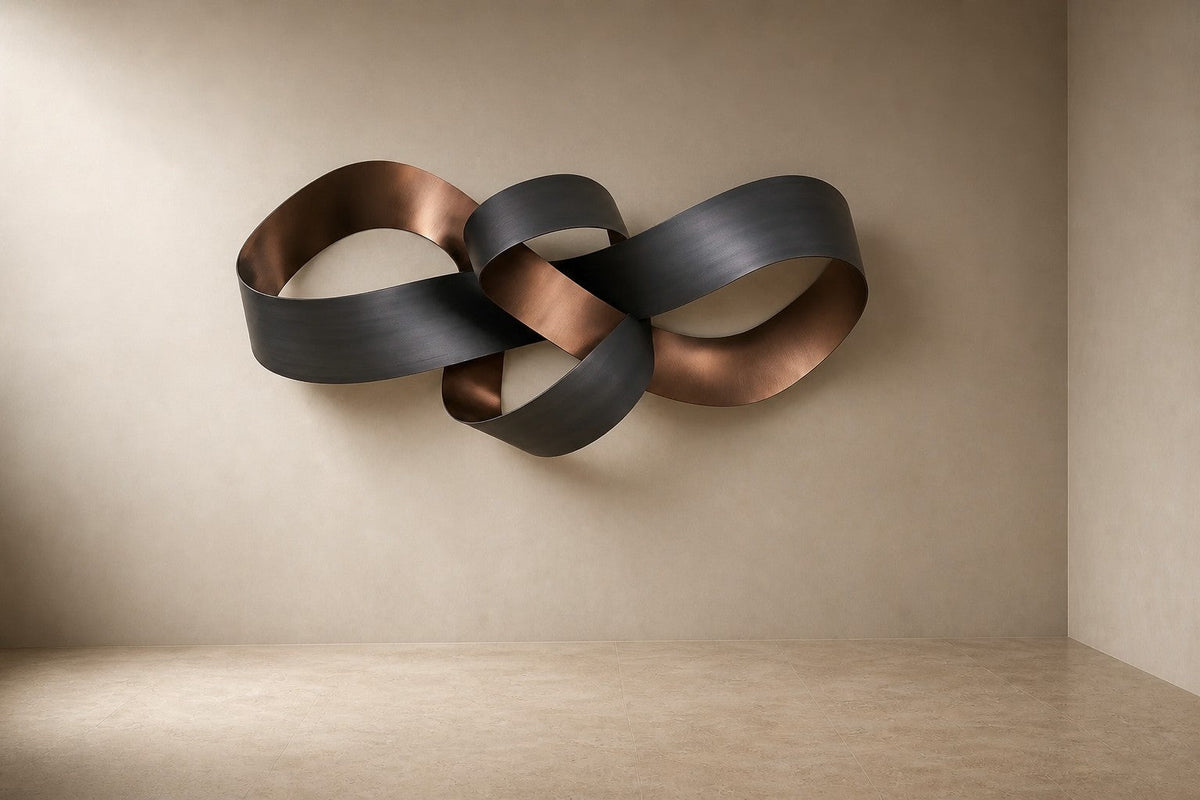 Legame — 180 × 110 cm bronze wall sculpture of a knotted ribbon in dark and polished finishes, three-quarter studio view showing its profile