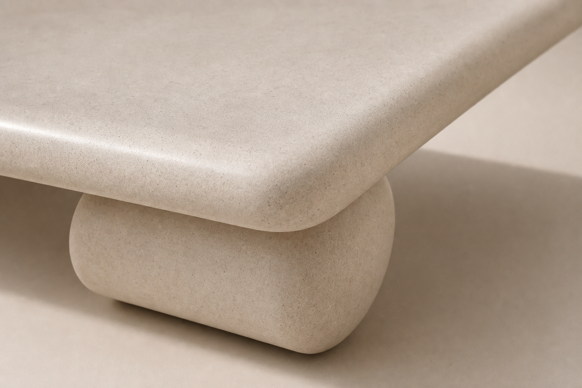 Lenire stone sculptural bench, close studio detail of the surface and material