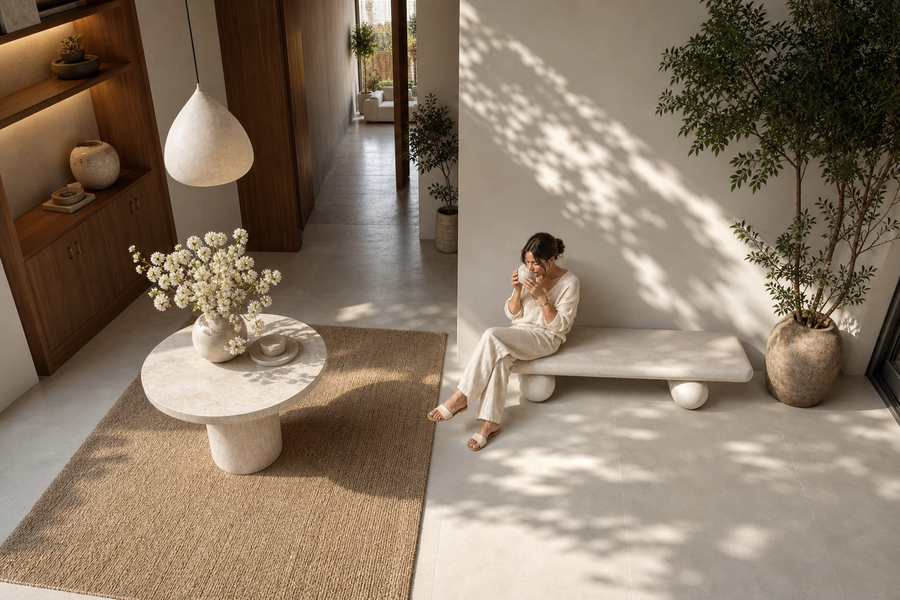 Lenire stone sculptural bench, overhead view in a room setting