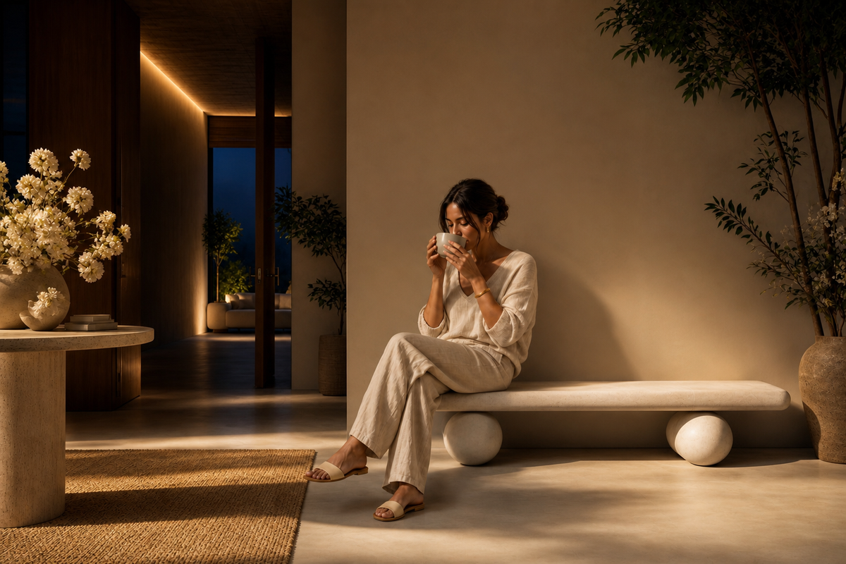 Lenire stone sculptural bench, in a room setting under evening light