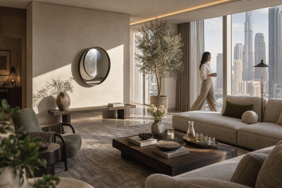 Lente — Ø 200 cm bronze ring mirror with an off-centre brushed steel lens, installed on the wall of a furnished room