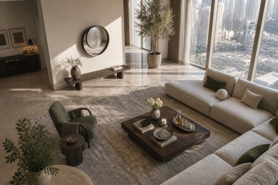 Lente — Ø 200 cm bronze ring mirror with an off-centre brushed steel lens, seen from above in the room