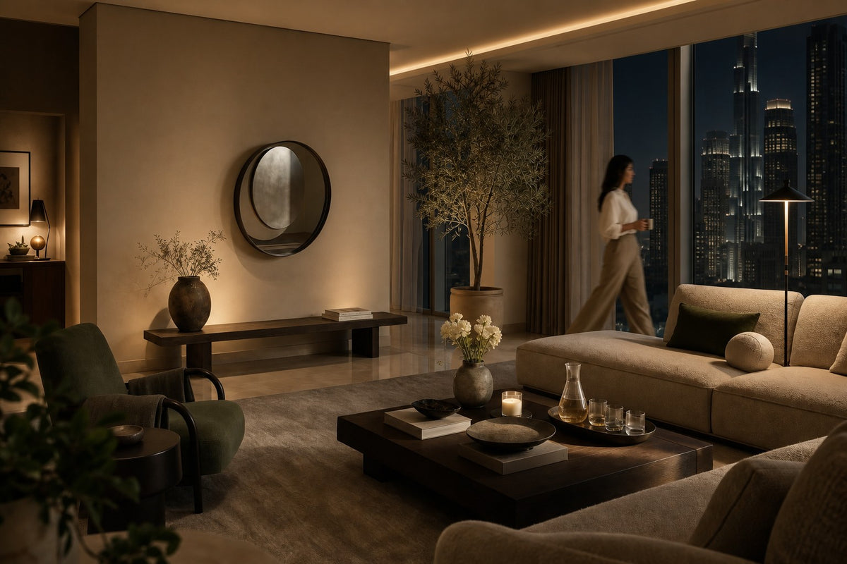 Lente — Ø 200 cm bronze ring mirror with an off-centre brushed steel lens, the same room at night, lamps on