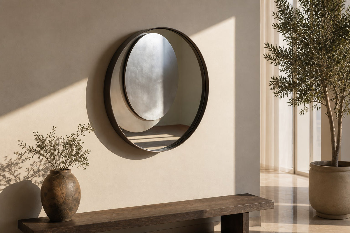 Lente — Ø 200 cm bronze ring mirror with an off-centre brushed steel lens, close view on the wall