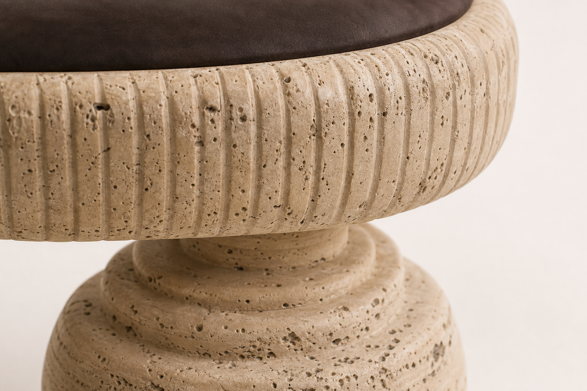 Lento travertine sculptural bench, close studio detail of the surface and material