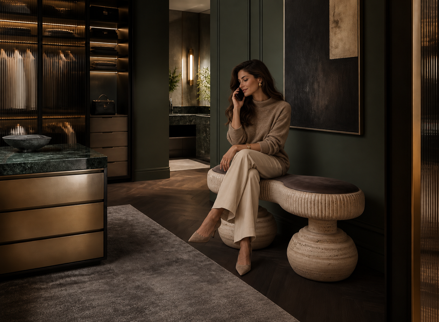 Lento travertine sculptural bench, shown in a room setting, at full scale