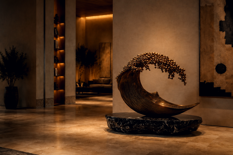 Limara bronze abstract sculpture, installed against a stone wall in a daylit room