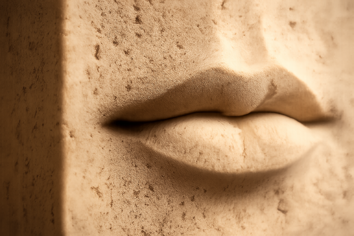 Tall cream travertine pedestal with a mouth carved in relief on one face — close detail of the surface