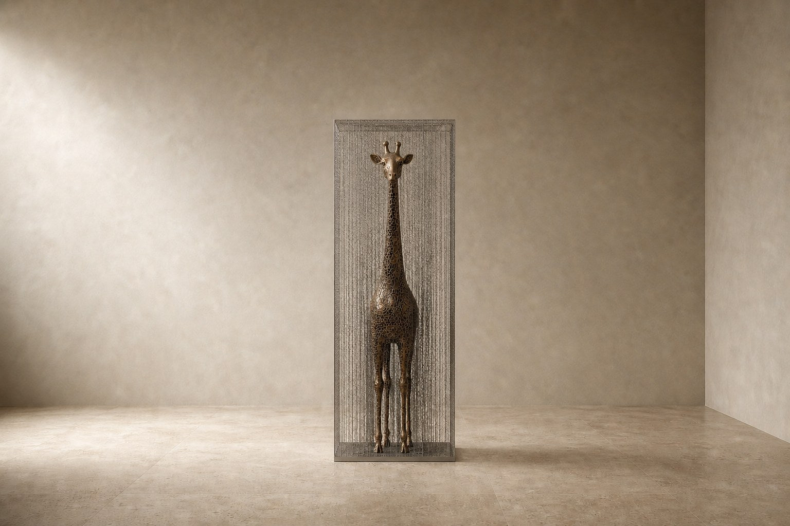 Tall bronze figure sculpture Llanura with a crackled patina, standing inside a fine drawn-wire case on a bronze plinth.
