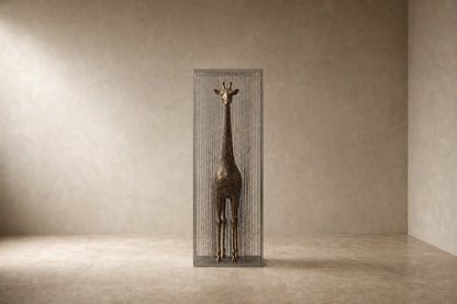 Tall bronze figure sculpture Llanura with a crackled patina, standing inside a fine drawn-wire case on a bronze plinth.