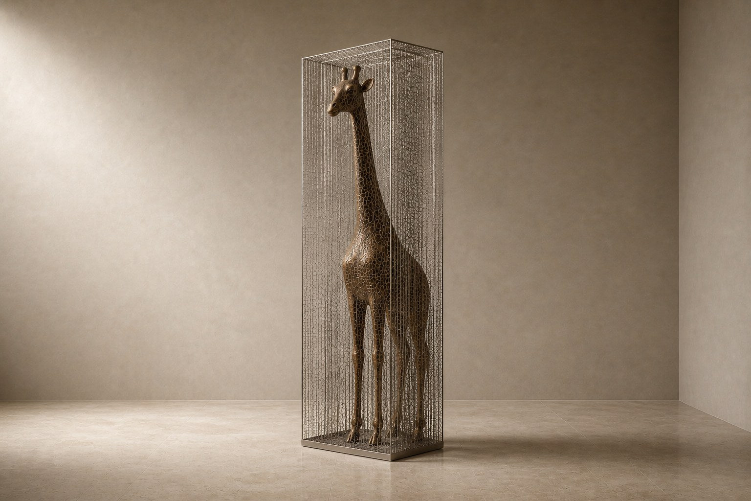 Tall bronze figure sculpture Llanura with a crackled patina, standing inside a fine drawn-wire case on a bronze plinth.