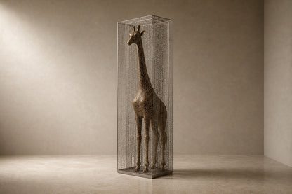 Tall bronze figure sculpture Llanura with a crackled patina, standing inside a fine drawn-wire case on a bronze plinth.