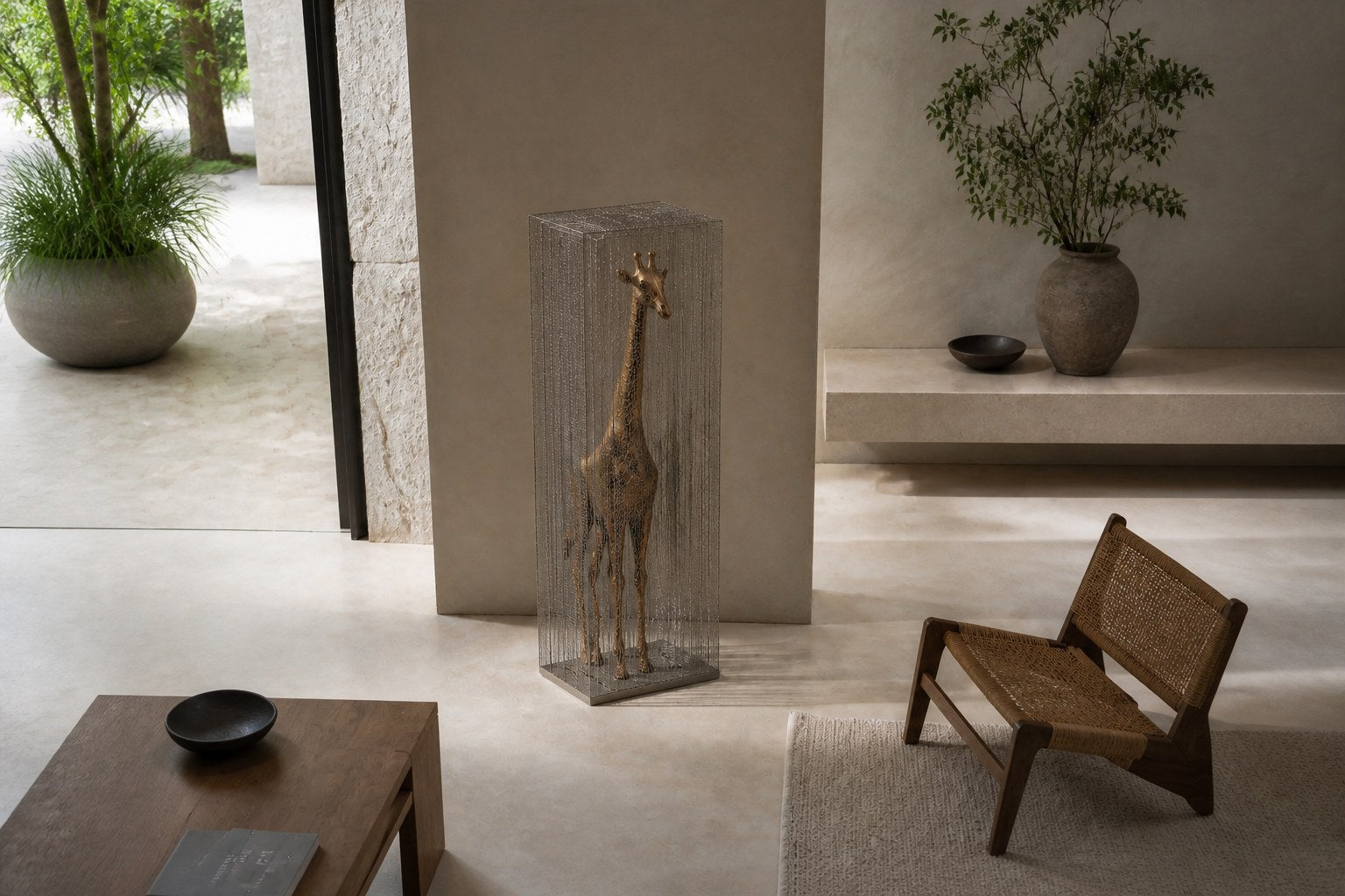 Tall bronze figure sculpture Llanura with a crackled patina, standing inside a fine drawn-wire case on a bronze plinth.