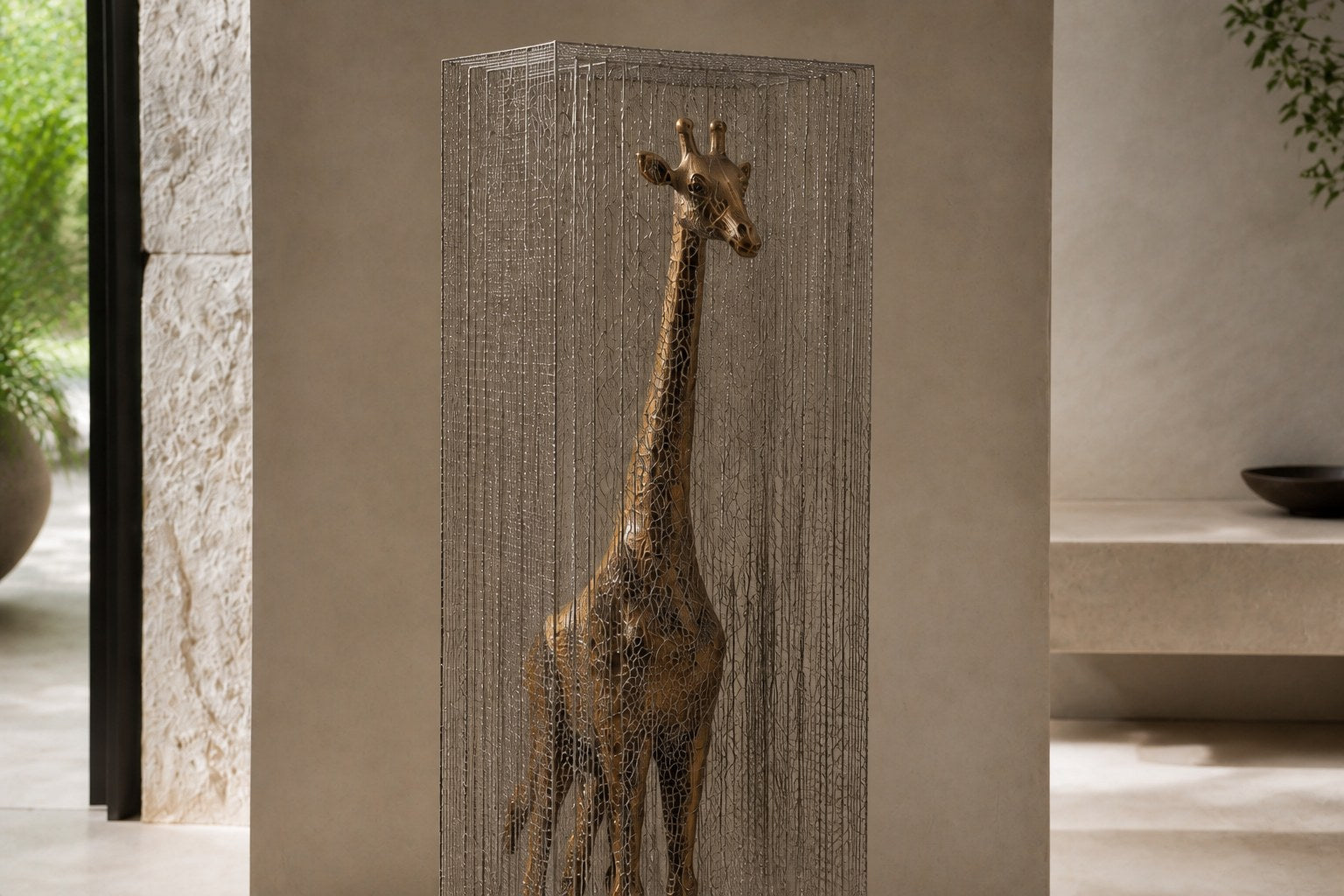 Tall bronze figure sculpture Llanura with a crackled patina, standing inside a fine drawn-wire case on a bronze plinth.