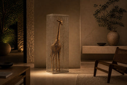 Tall bronze figure sculpture Llanura with a crackled patina, standing inside a fine drawn-wire case on a bronze plinth.