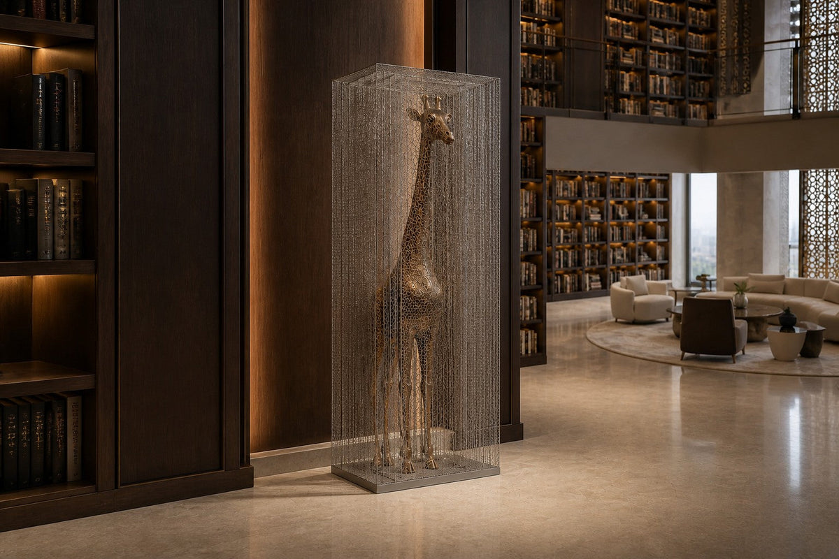 Tall bronze figure sculpture Llanura with a crackled patina, standing inside a fine drawn-wire case on a bronze plinth.